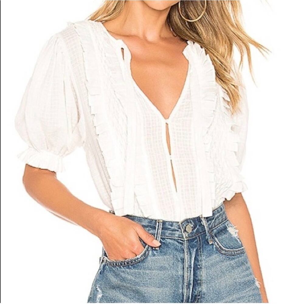 Innika Choo Smocked Ruffle Puff Sleeve Cutout Button Up Peasant Top